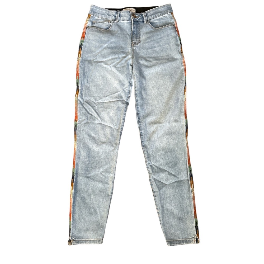 Knox Rose Mid-Rise Stretch Ankle Jeans With Side Seam Embroidery, Size 6, Boho